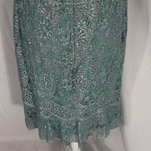 Liancarlo Couture Vintage Teal Silver Lace Overlay Sheath Dress Sz 52 / US 16-18 - Picture 6 of 11